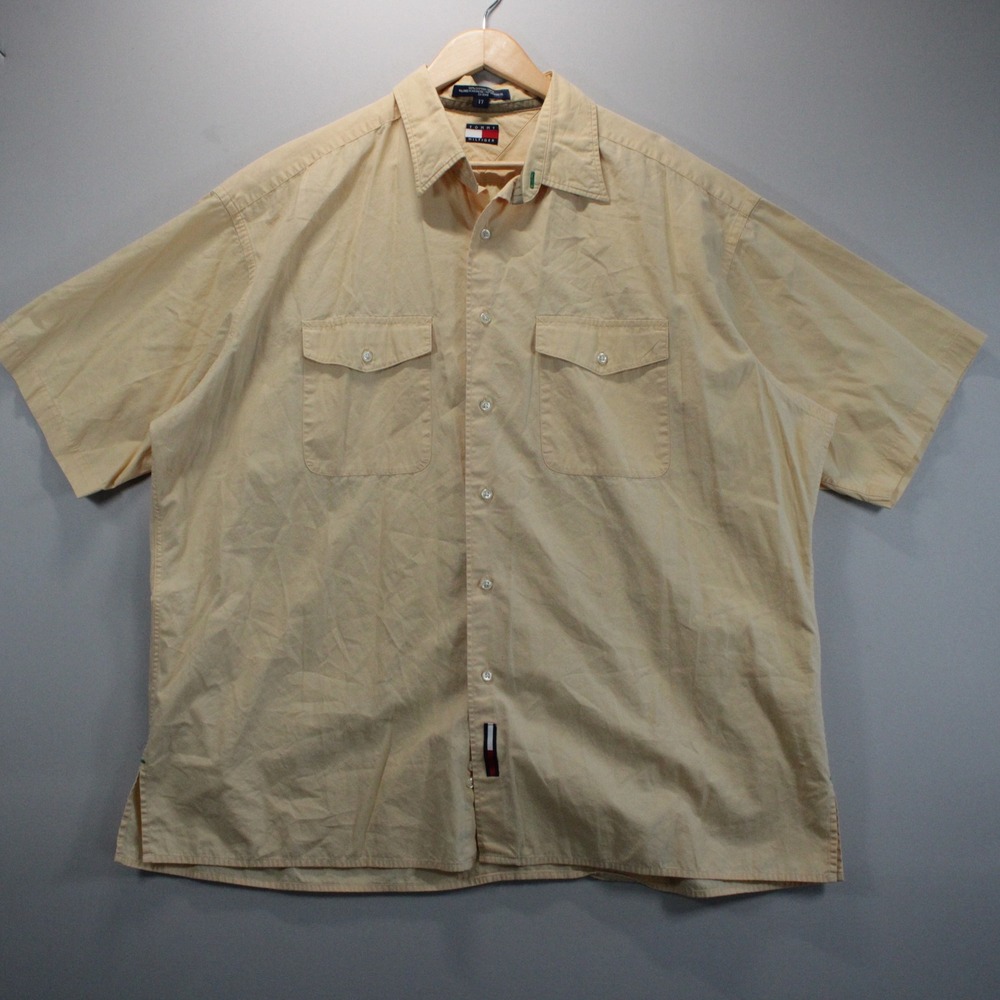 Tommy Hilfiger Vintage Y2K Yellow Short Sleeve Button Up Shirt Mens 17 Casual